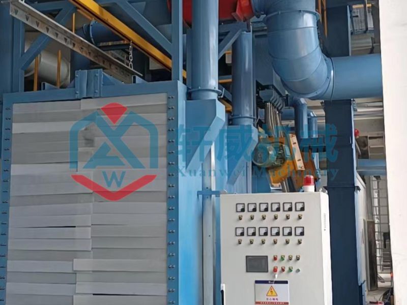 Aluminum product suspension chain through shot blasting machine